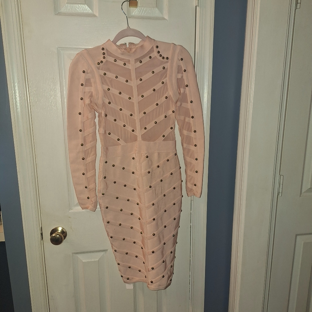 Pink Sheer Long Sleeve Dress with Studs